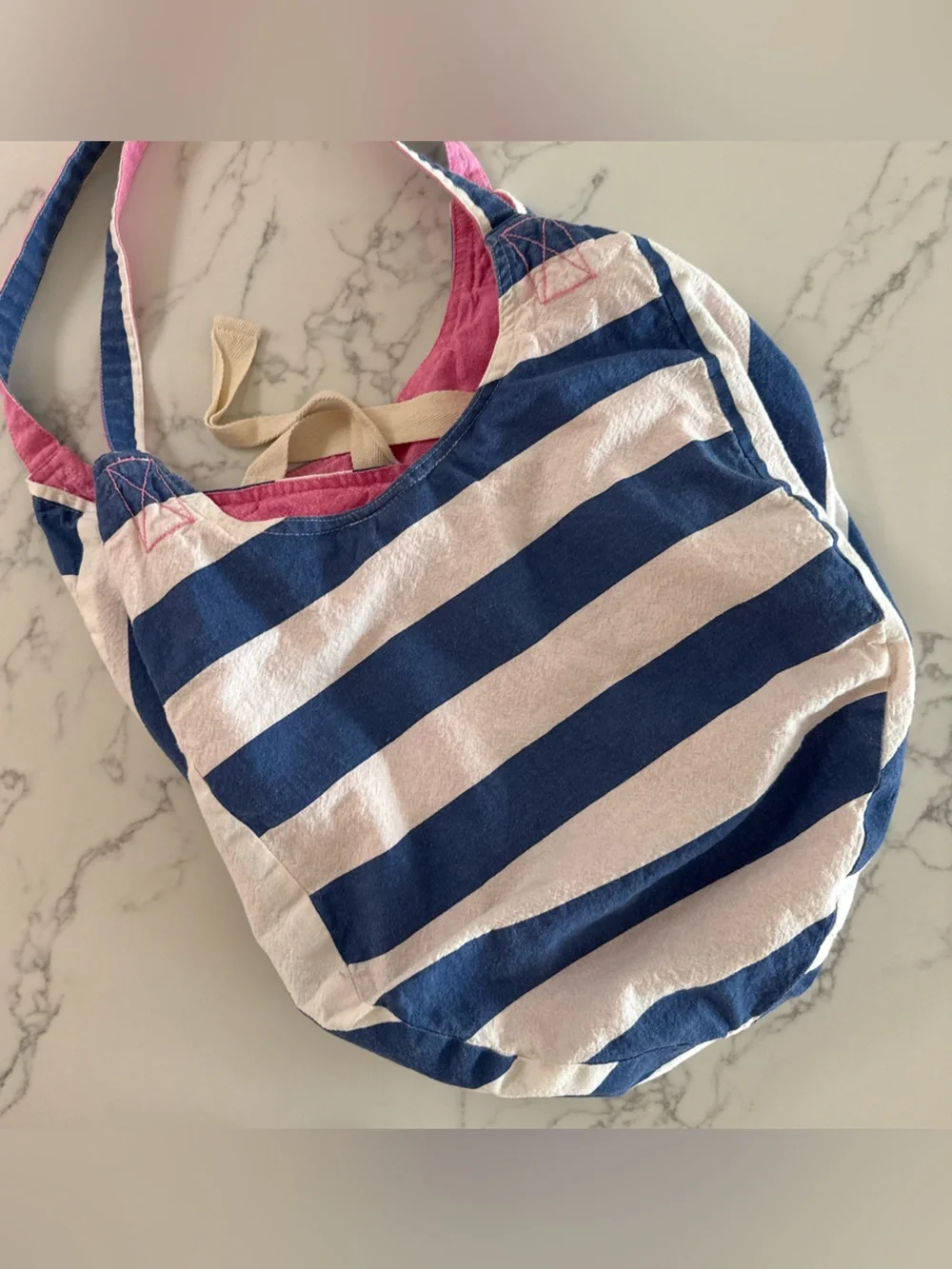 Mersea Gemini Reversible Beach Bag Tote - Blue / White Stripe & Pink